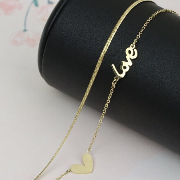 Elegant Yellow Gold Love and Heart Double Chain Bracelet for Women, XPBL0627 - Picture 1 of 12